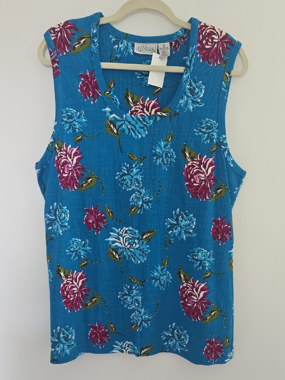 Basic Editions Teal Blue Ribbed Floral Tank Top W/ Sequins & Beads Women's 2x
